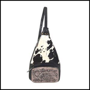Genuine Cowhide Leather Sling Backpack with Tooled Design, 10x18